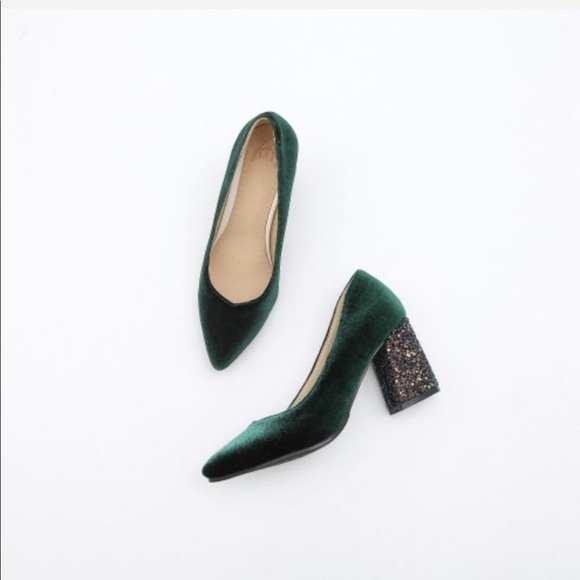 Velvet Sparkle Chunky Heel Holiday Pumps 3 Colors - Picture 2 of 8